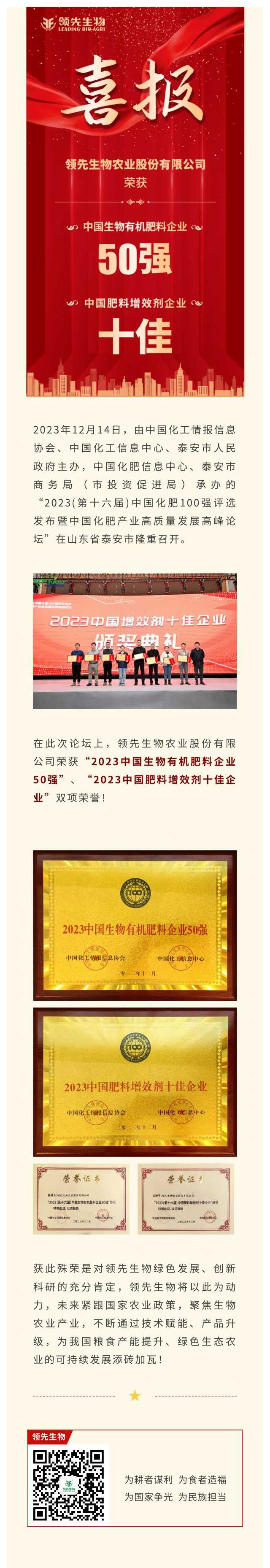 實力上榜 | 領(lǐng)先生物榮獲2023中國生物有機肥料企業(yè)50強！中國肥料增效劑十佳企業(yè)！
